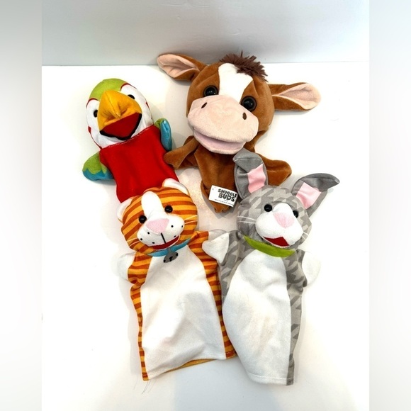 Lot of 4 Toddler Hand Puppets Melissa and Doug Snuggle Bud Cat Parrot Cow Bunny - Picture 1 of 5